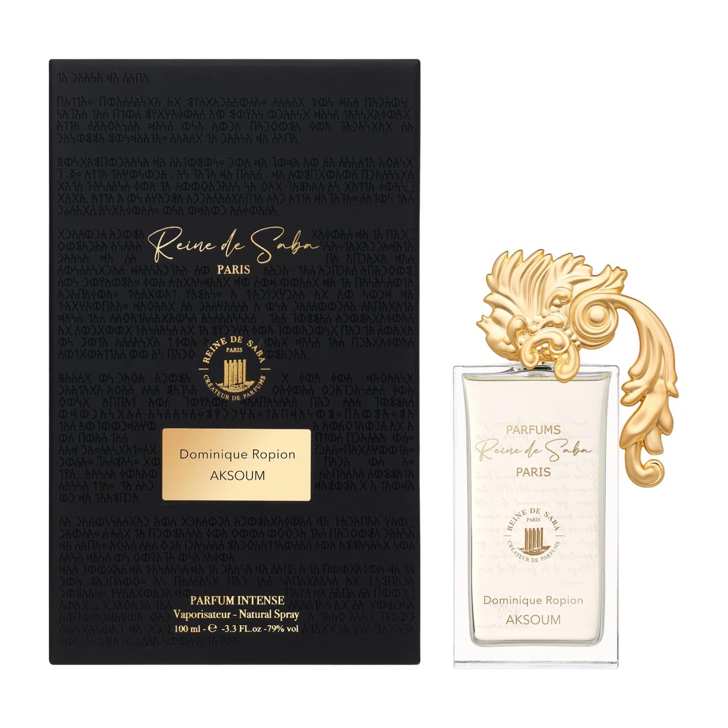 A bottle of AKSOUM perfume by Novo Perfumes with a sleek, elegant design and a clear label on a white background.