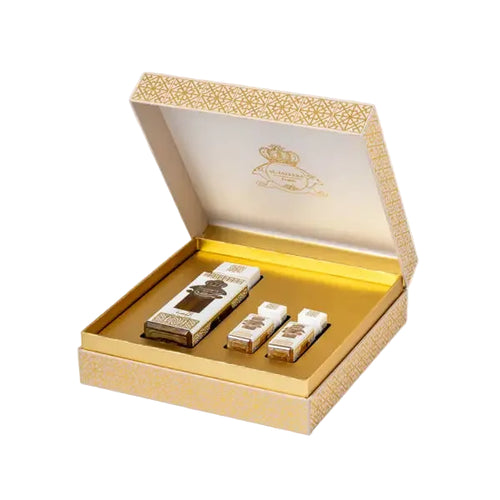 Al Jasra perfume set by Novo Perfumes featuring elegant bottles with floral and woody scent notes arranged on a display tray.