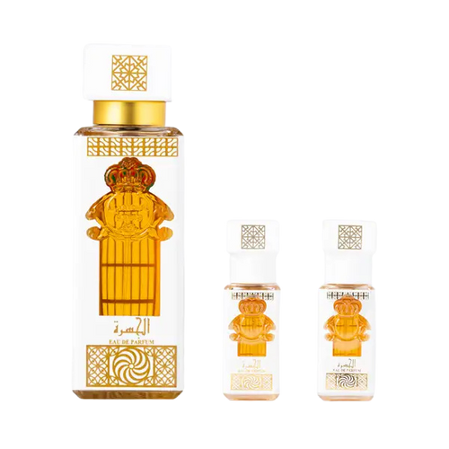 Al Jasra perfume set by Novo Perfumes featuring elegant bottles and packaging in a luxurious display.