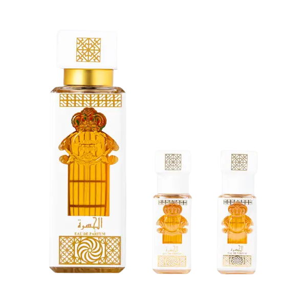 Al Jasra perfume set by Novo Perfumes featuring elegant bottles and packaging in a luxurious display.