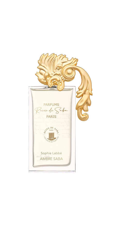 Amber Saba by Novo Perfumes bottle with elegant gold accents, showcasing a luxurious and sophisticated fragrance presentation.