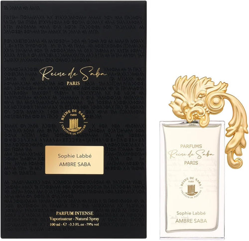 Amber Saba perfume by Novo Perfumes, featuring a sleek glass bottle with a gold cap and amber-colored liquid inside.