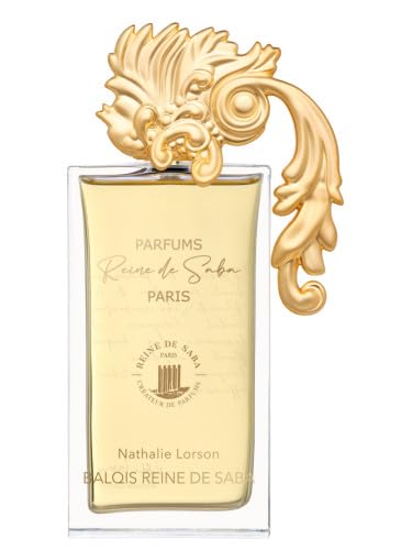 Balqis Reine de Saba perfume by Novo Perfumes bottle with gold accents and intricate design on a white background.