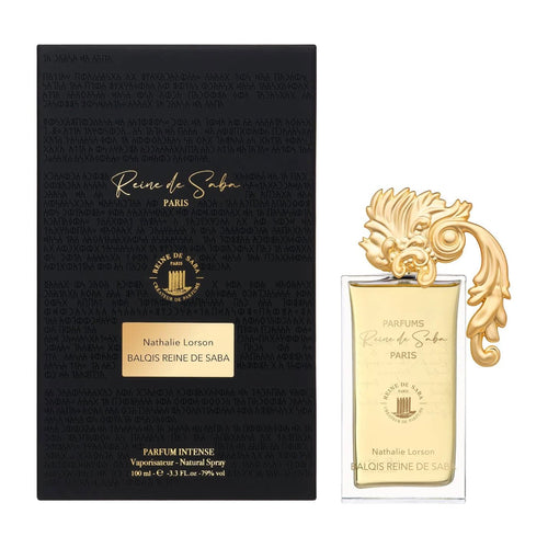 Balqis Reine de Saba perfume bottle by Novo Perfumes, elegant glass design with gold accents, on a neutral background.