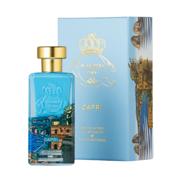 Elegant bottle of Novo Perfumes Capri fragrance with a sleek design and vibrant blue accents, displayed on a neutral background.