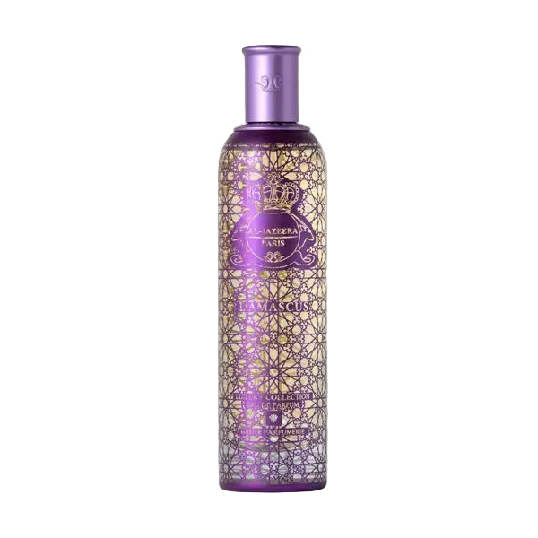 Elegant Damascus perfume bottle by Novo Perfumes with intricate design and a sleek, modern appearance.