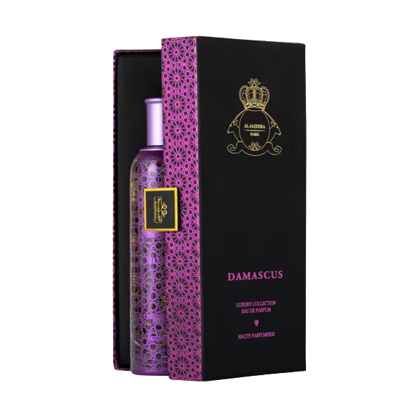 Elegant Damascus perfume bottle by Novo Perfumes with intricate design and sleek glass finish.