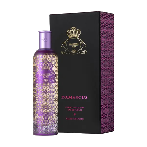 Elegant image of Novo Perfumes Damascus fragrance bottle with intricate design and branding details.