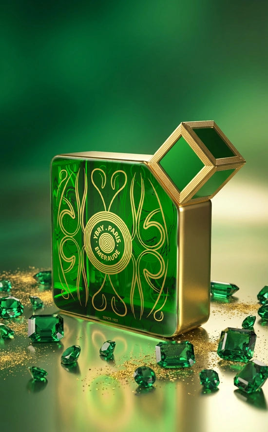 Emeraude perfume bottle by Novo Perfumes with a sleek, elegant design and a green-tinted glass appearance.
