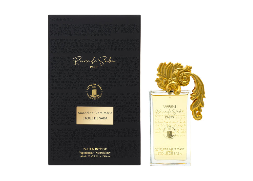 Étoile de Saba perfume by Novo Perfumes, featuring a sleek bottle with gold accents and a luxurious fragrance presentation.