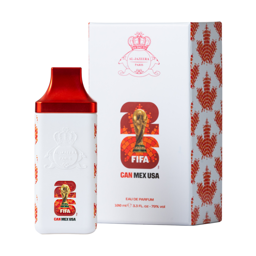 FIFA CANADA perfume bottle by Novo Perfumes, sleek design with a vibrant label, displayed on a white background.