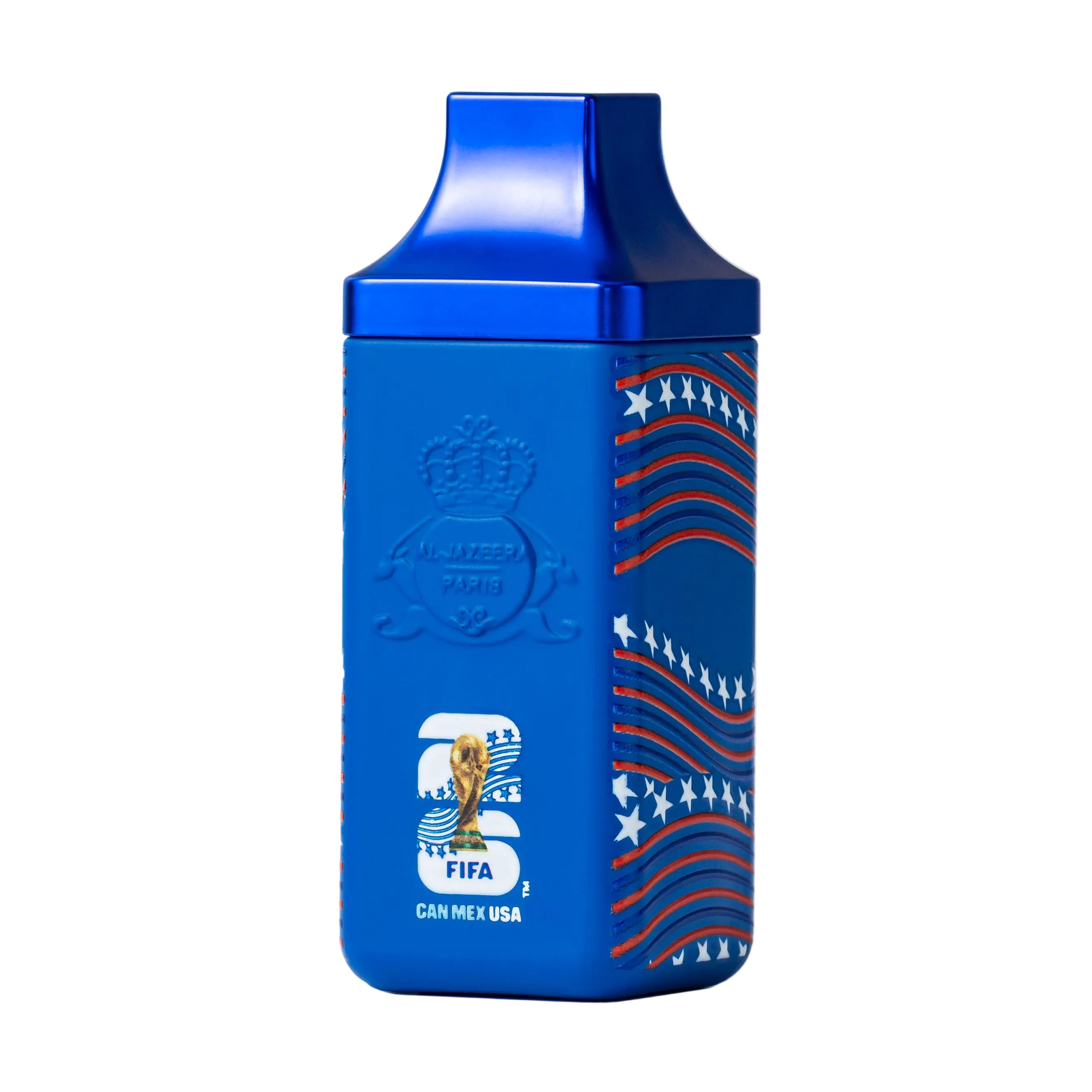 FIFA USA perfume bottle by Novo Perfumes with sleek design and vibrant branding, displayed on a neutral background.