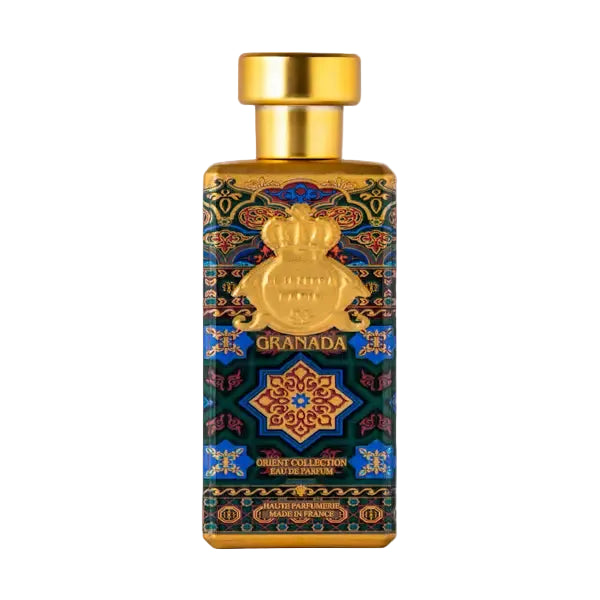 Novo Perfumes Granada fragrance bottle with elegant design and floral accents, showcasing the luxurious perfume inside.