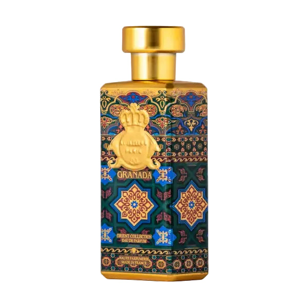 Bottle of Novo Perfumes Granada fragrance with a sleek design and elegant label, displayed on a neutral background.