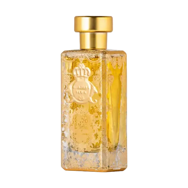 Elegant bottle of Novo Perfumes Grand Palais fragrance with intricate gold detailing and a classic design.