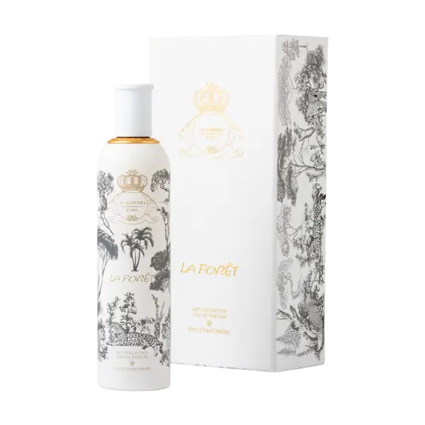 Bottle of LA FORET perfume by Novo Perfumes with elegant floral design on the label.