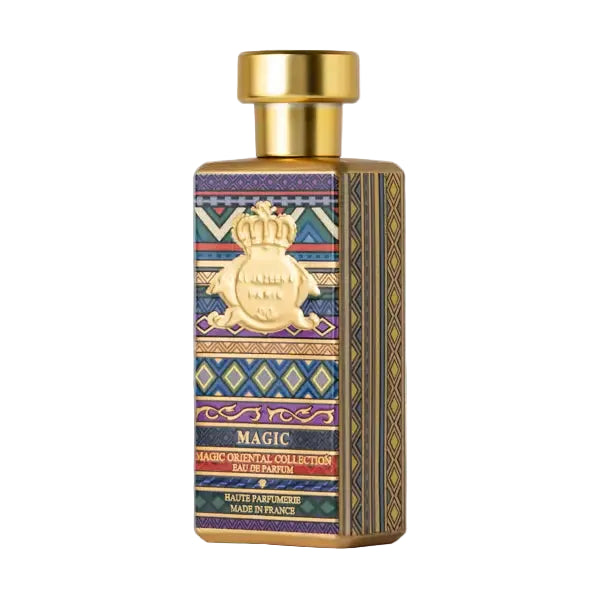 A bottle of Novo Perfumes MAGIC fragrance with sleek black and silver design, showcasing the perfume brand and product name.