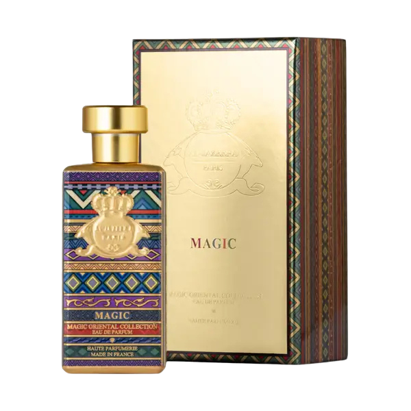 Image of Novo Perfumes MAGIC fragrance bottle with sleek design and black and gold accents.