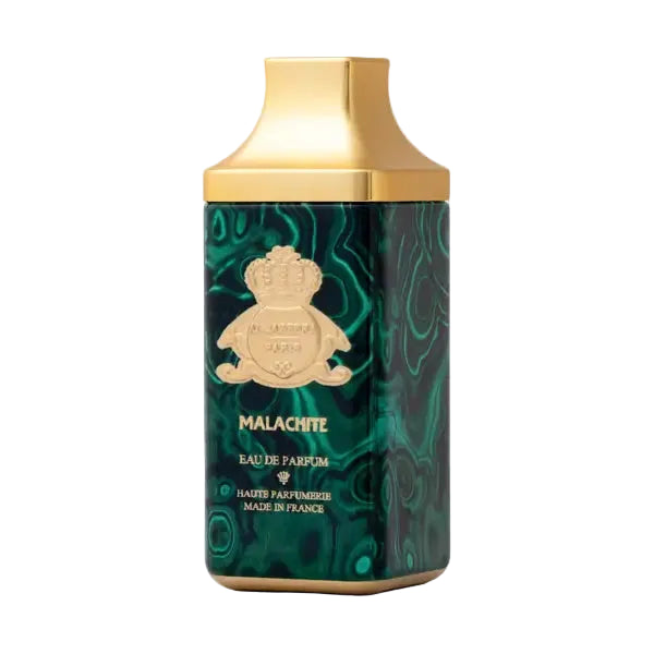 Malachite perfume bottle by Novo Perfumes with a sleek green design and elegant cap, showcasing a luxurious fragrance presentation