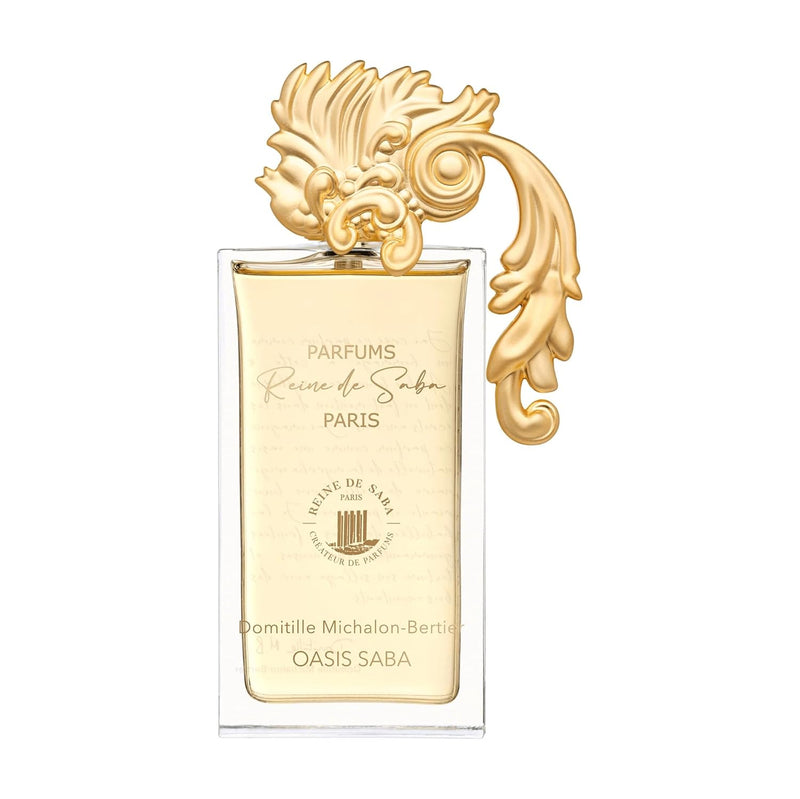 OASIS SABA perfume by Novo Perfumes, featuring a sleek glass bottle with a silver cap and elegant floral design.