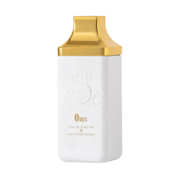 Onyx perfume by Novo Perfumes, sleek black bottle with minimalist design, showcasing elegant fragrance packaging.