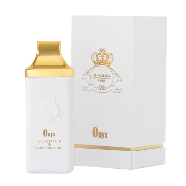 Scented perfume bottle labeled ONYX by Novo Perfumes, featuring a sleek black and gold design with a clear cap.