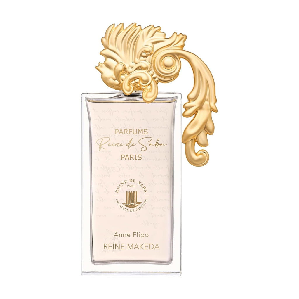 Reine Makeda perfume by Novo Perfumes in a sleek bottle with elegant gold accents and a modern, luxurious design.