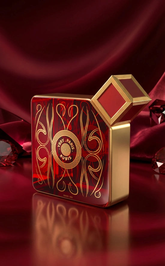 Rubis perfume bottle by Novo Perfumes, elegant glass container with a sleek design and golden accents.