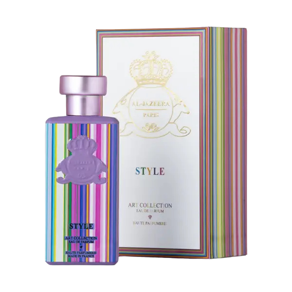 Elegant bottle of Novo Perfumes STYLE fragrance with a sleek design and minimalist label, displayed on a neutral background.