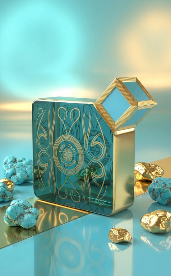 Turquoise perfume bottle by Novo Perfumes with a sleek design and turquoise color, displayed on a neutral background.