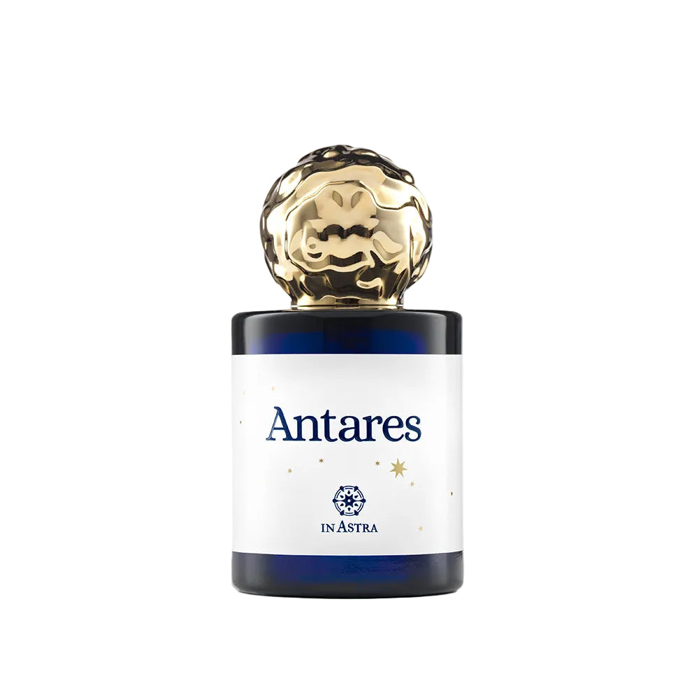 Antares perfume bottle by Novo Perfumes with elegant glass design and silver accents, displayed on a neutral background.