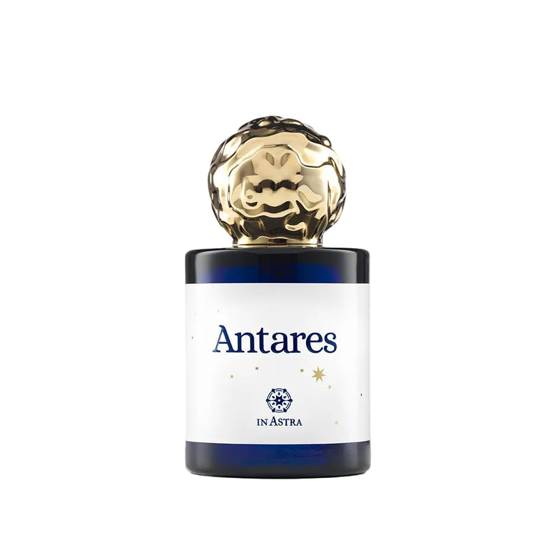 Antares perfume bottle by Novo Perfumes with elegant glass design and silver accents, displayed on a neutral background.