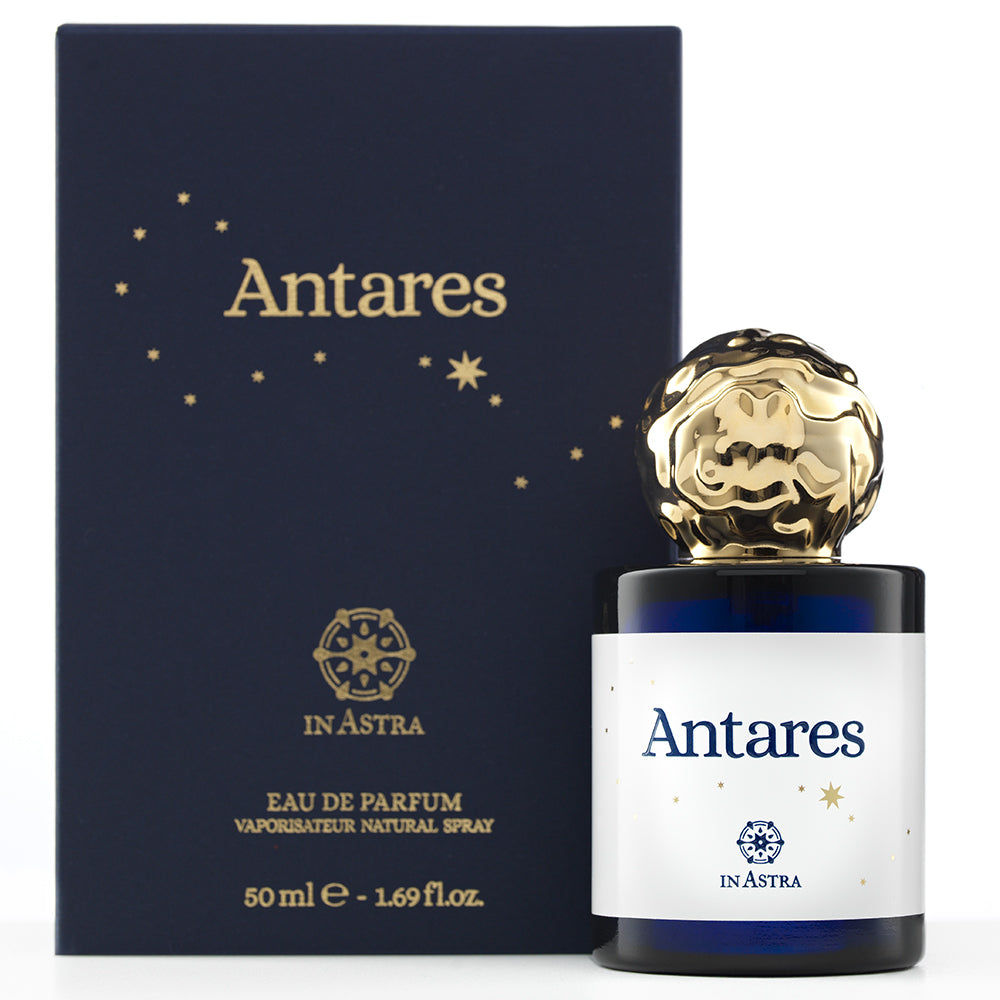 Antares perfume bottle by Novo Perfumes, elegant glass container with a sleek design and a stylish cap.