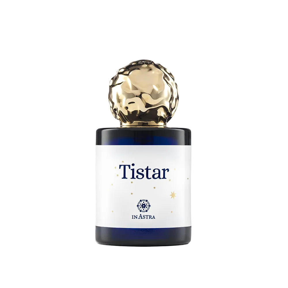 Tistar perfume by Novo Perfumes, elegant glass bottle with a sleek design and a silver cap, displayed on a neutral background.